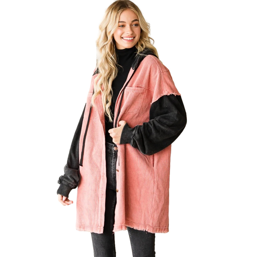 OLI & HALI Women’s HOODED BUTTON DOWN CORDUROY JACKET in Blush